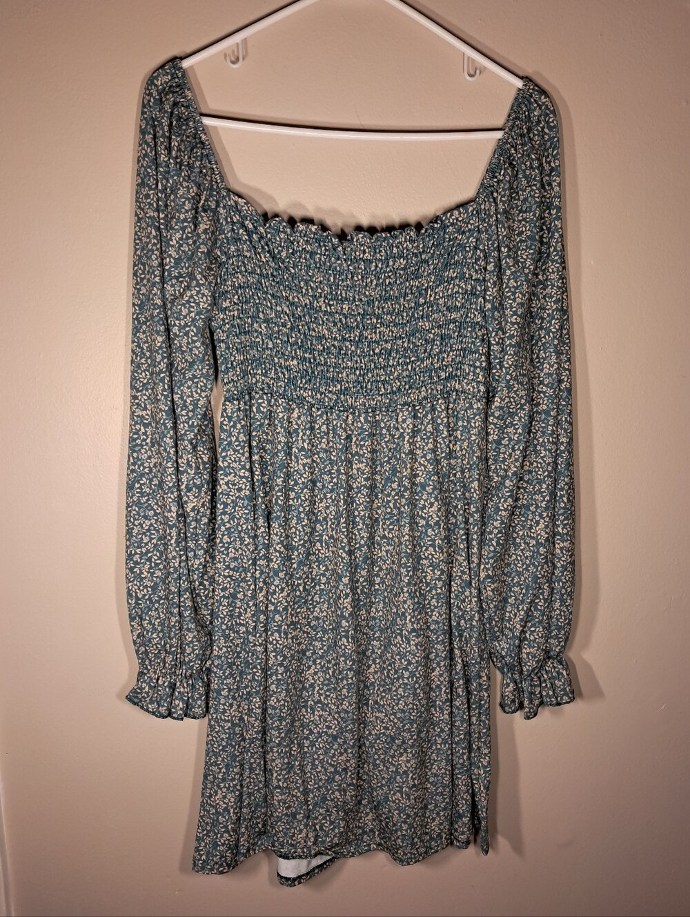 First Love Smocked Square-Neck Floral Mini Dress - Teal